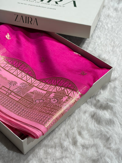 Banarasi Rani With Baby Pink Contrast Shade Flower Boota Pure Caramel Mango Silk Saree CS-18