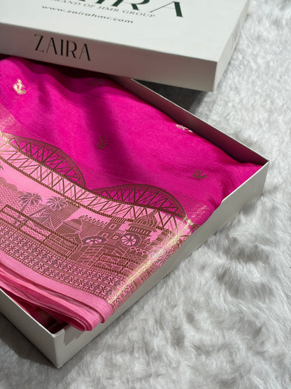 Banarasi Rani With Baby Pink Contrast Shade Flower Boota Pure Caramel Mango Silk Saree CS-18