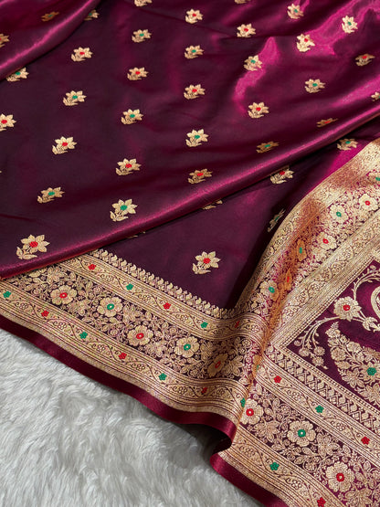 Wine Shades Minakari Boota Pattern Banarasi Satin Silk Saree SS44
