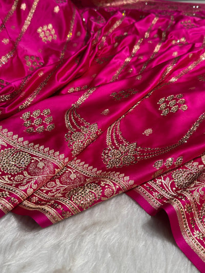 Rani Floral Boota Pattern With Bananas Swarovski Stone Work Satin Katan Silk saree BSK39