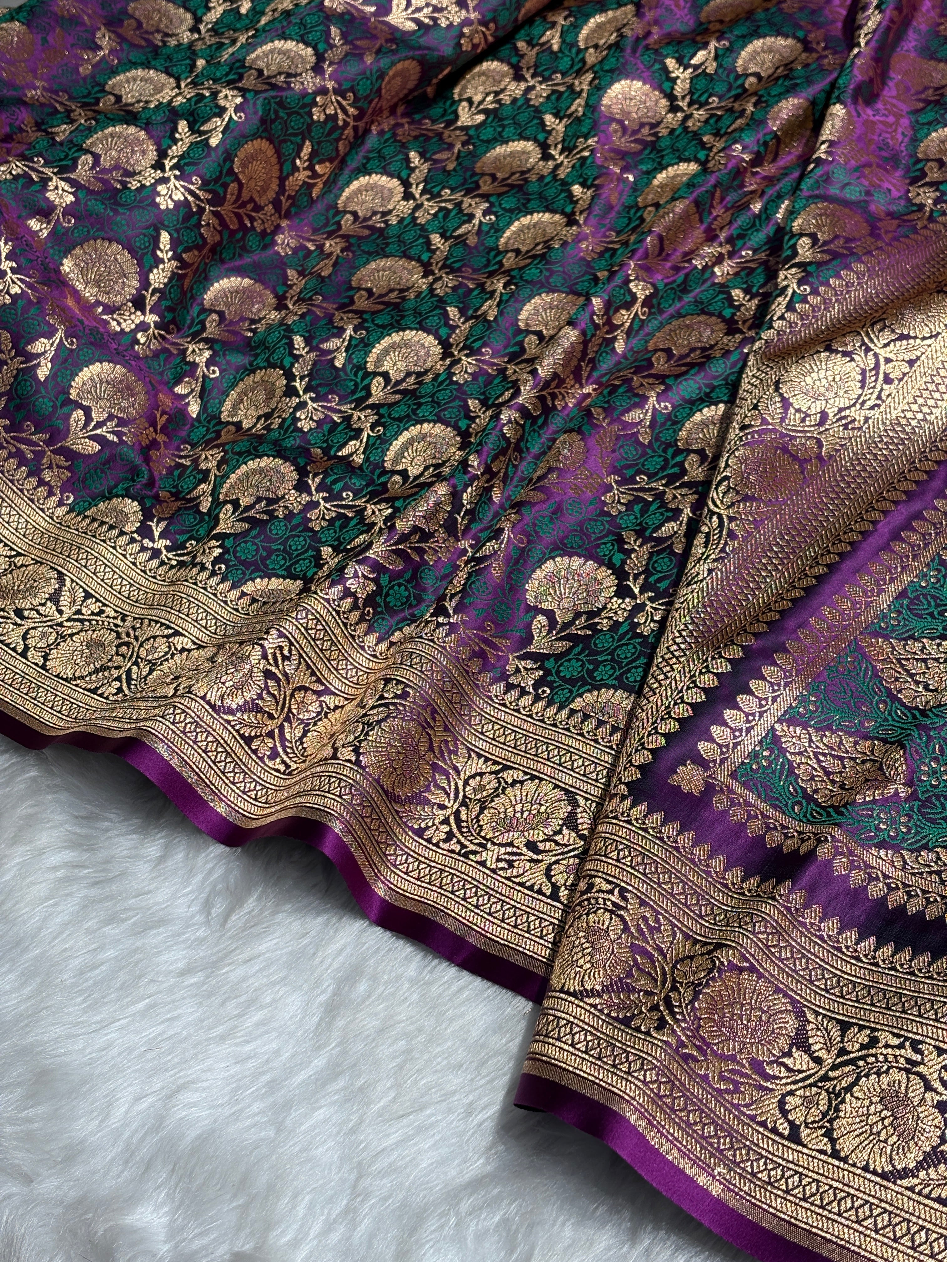 Purple With Green Tanchoi Satin Katan Silk Saree SKTM-05
