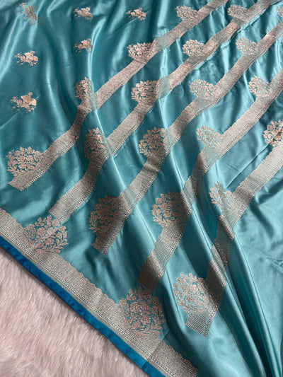 Banarasi Sky Blue Shades Floral Mashru Silk Saree MCS87