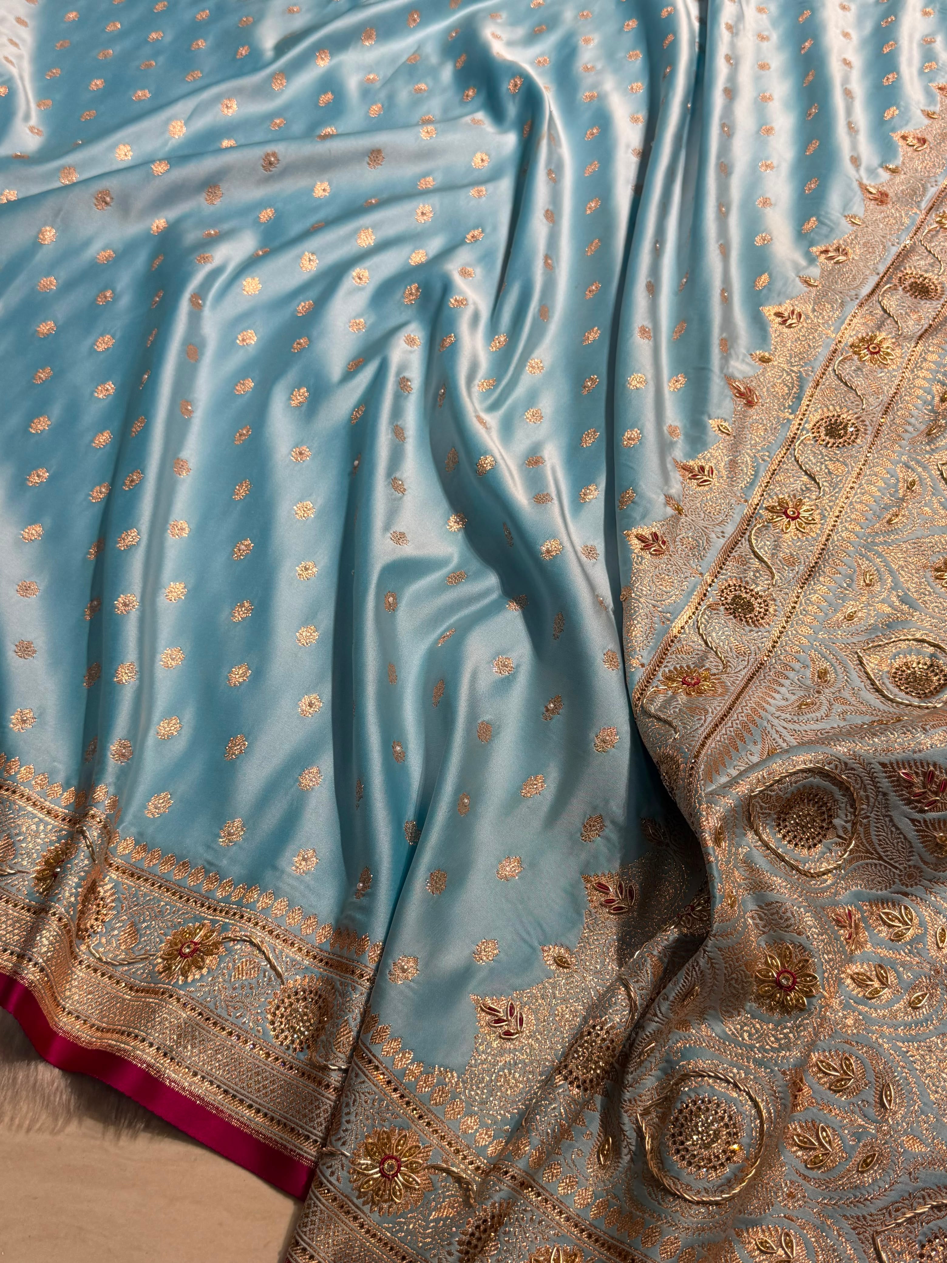 Banarasi Sky Blue Shades With Ari Zardozi Work Booti Katan Silk Saree BSK07