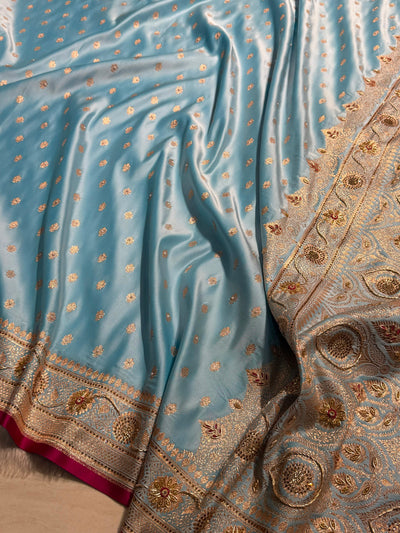 Banarasi Sky Blue Shades With Ari Zardozi Work Booti Katan Silk Saree BSK07