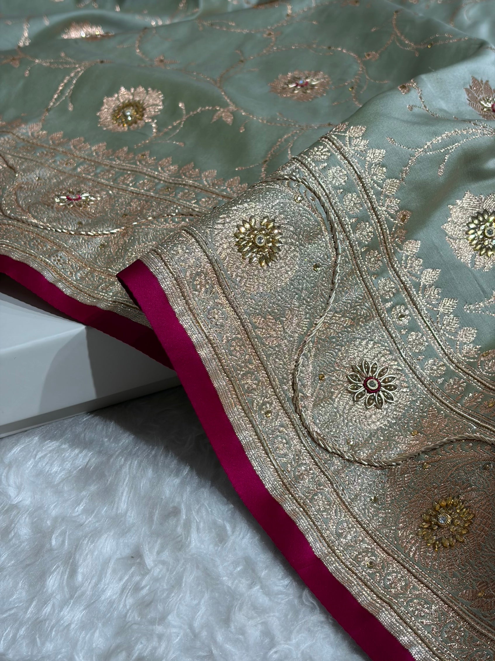 Pastel Mahndi Banarasi Jaal Satin Katan Silk Saree with Stone & Zardozi Work BSK06