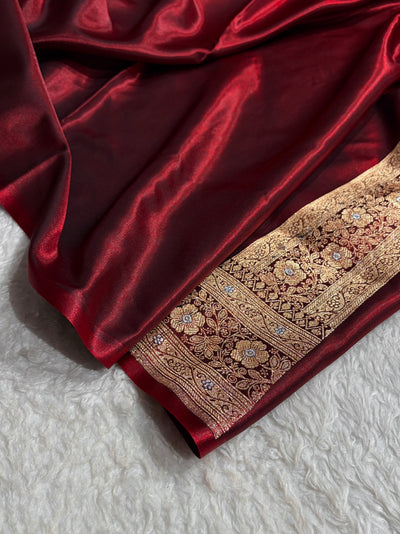 Satin Silk Saree Tredition Banarasi Swarovski Work Floral Boota in Maroon Shades BSS27