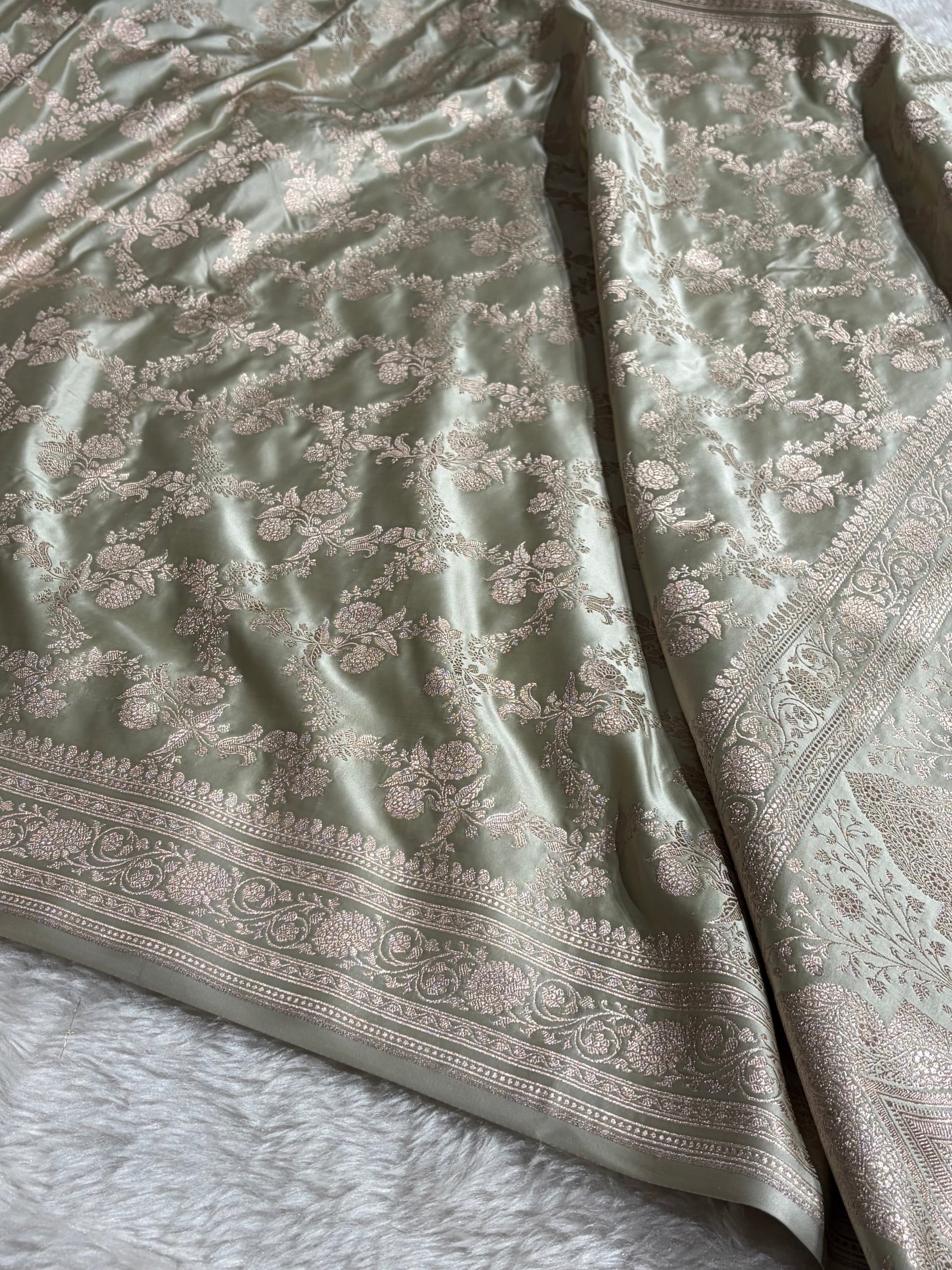 Pastel Pista Shades Banarasi With Floral Jaal Pattern Mashru Silk Saree MSM-130