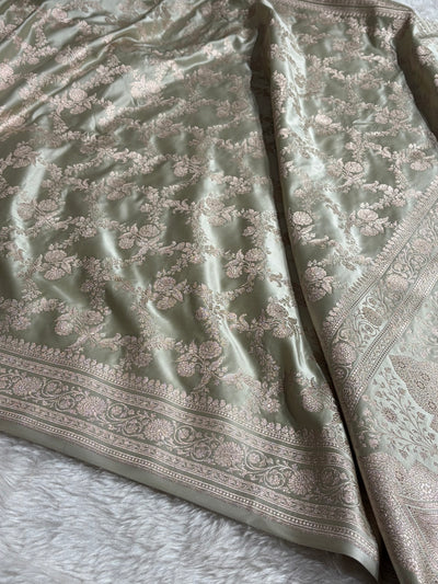 Pastel Pista Shades Banarasi With Floral Jaal Pattern Mashru Silk Saree MSM-130