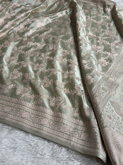 Pastel Pista Shades Banarasi With Floral Jaal Pattern Mashru Silk Saree MSM-130