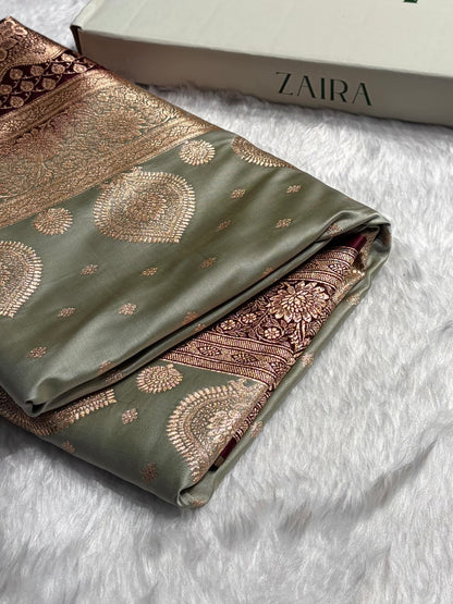 Pista with Chocolate Booti Satin Katan Silk saree SK29