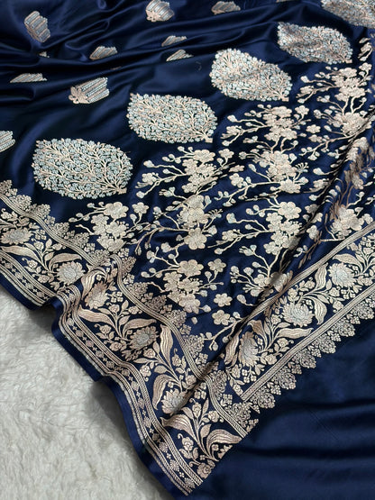German Blue Shades Banarasi Boota Pattern Minakari Floral Mashru Silk Saree MSM-122