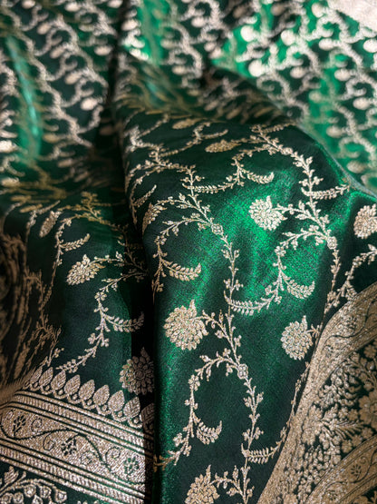 Bottle Green Shades Jaal Pattern Banarasi Satin Silk Saree SS43