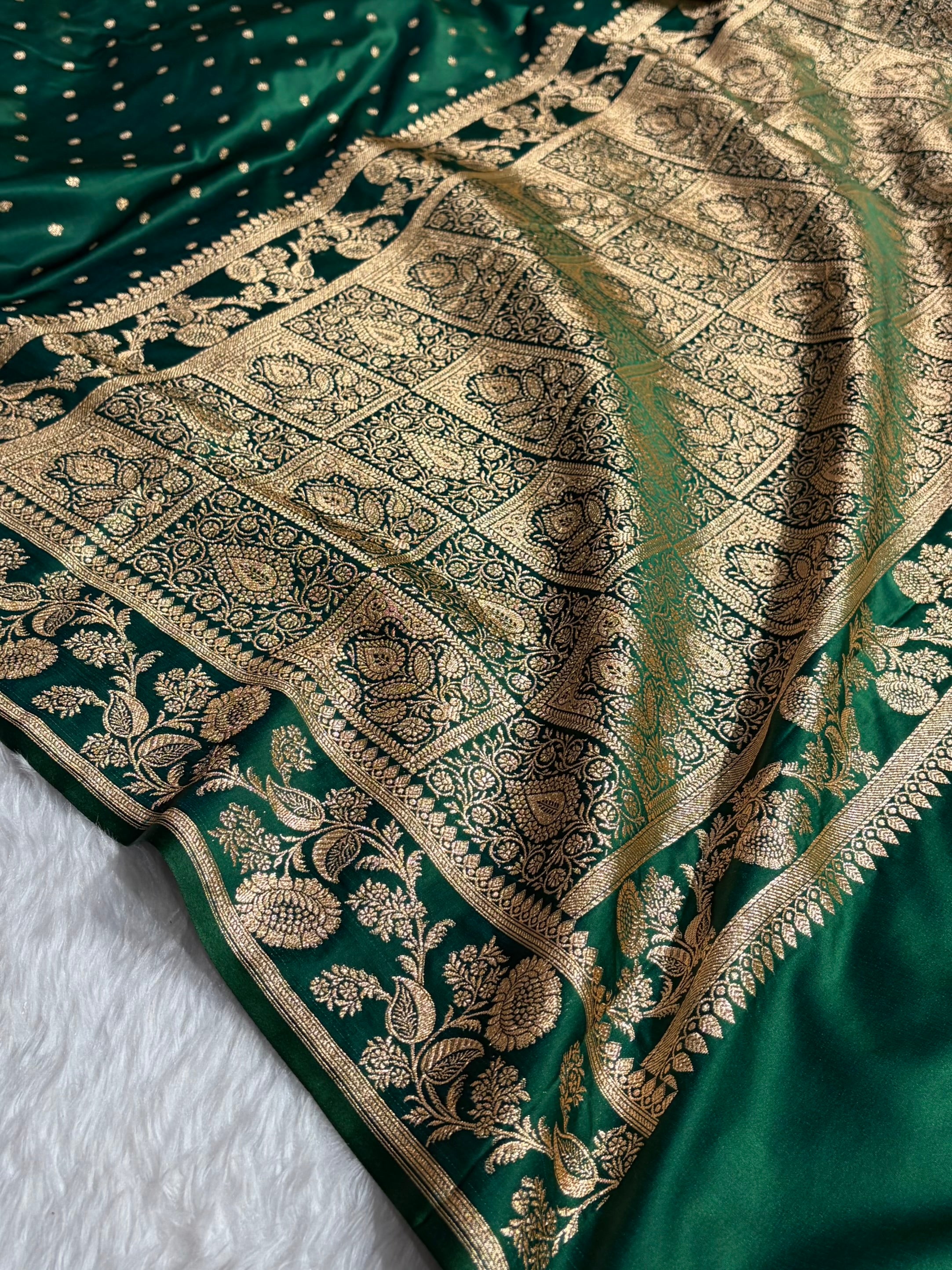 Banarasi Satin Katan Saree With Boota in Bottle Green Shades SK107