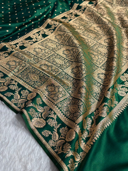 Banarasi Satin Katan Saree With Boota in Bottle Green Shades SK107