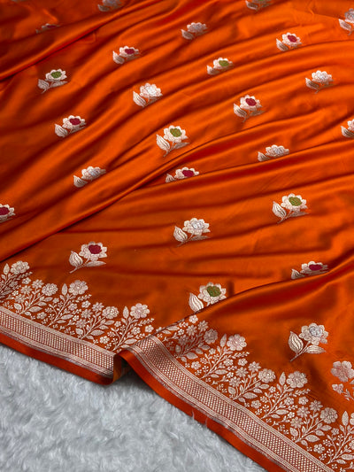 Premium Banarasi Satin Katan Saree With Minakari Boota in Orange Shades SK94
