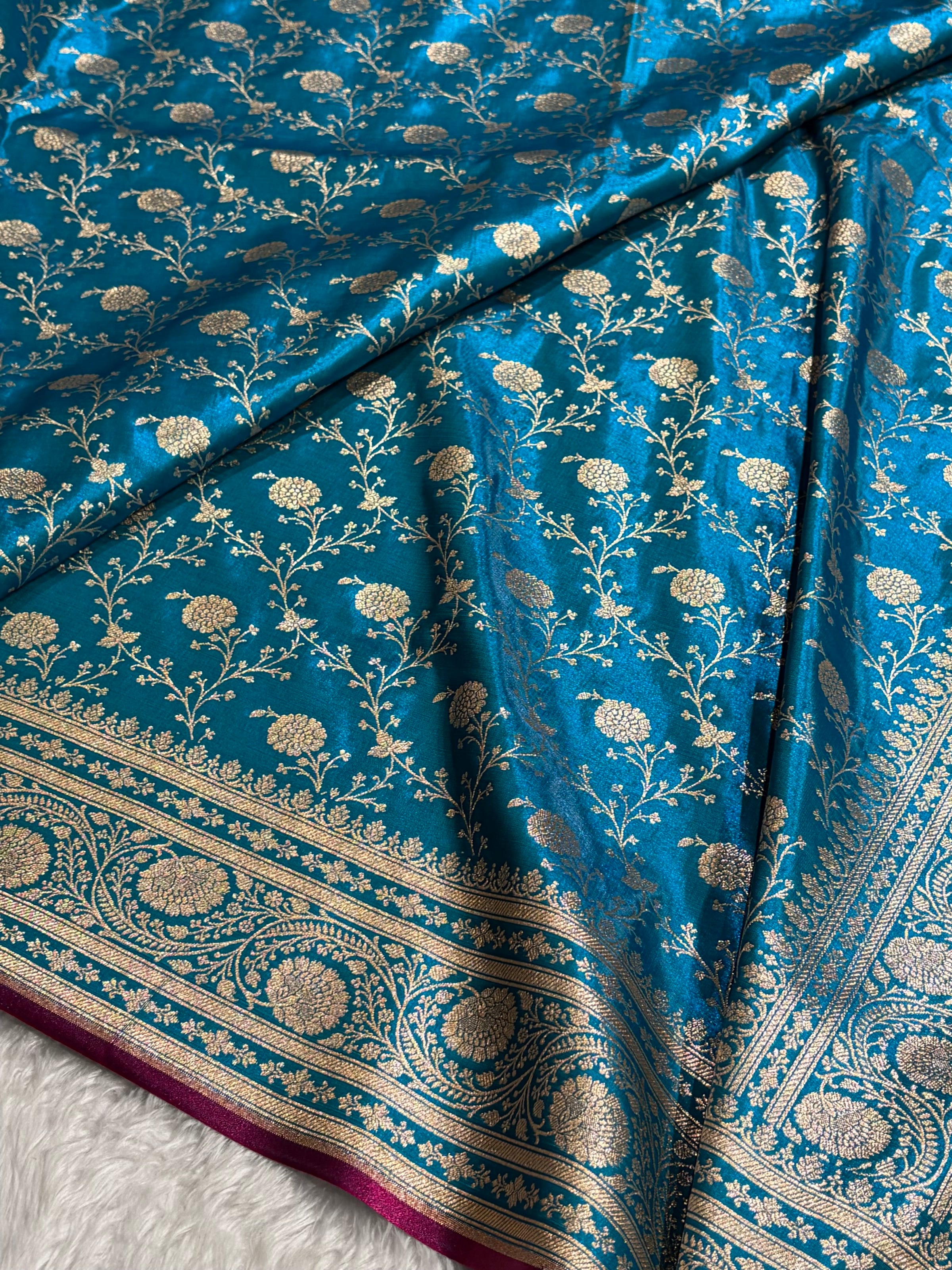 Firozi Shades Jaal Pattern Banarasi Satin Silk Saree SS55