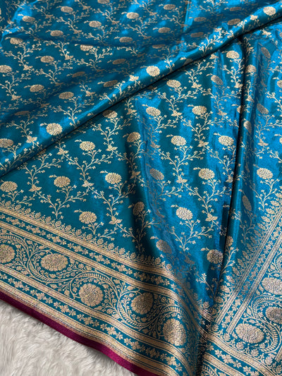 Firozi Shades Jaal Pattern Banarasi Satin Silk Saree SS55