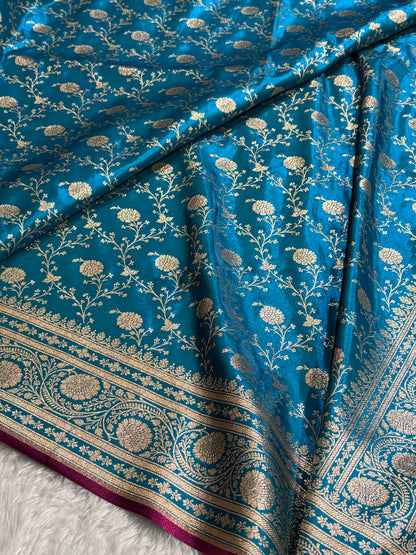 Firozi Shades Jaal Pattern Banarasi Satin Silk Saree SS55