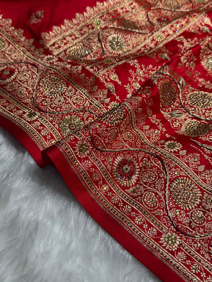 Banarasi Bridal Red Work Pattern Satin Katan Silk Saree BSK82