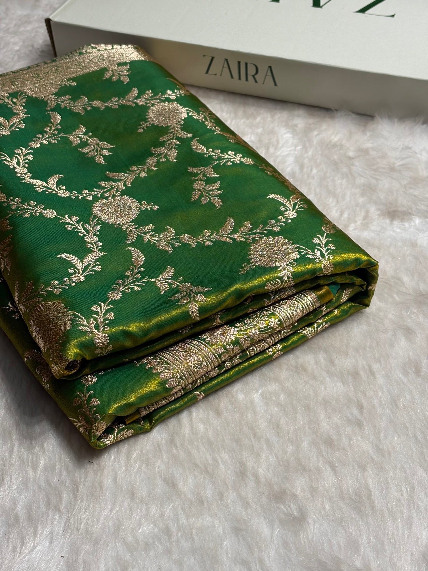 Satin Silk Banarasi Jaal in Liril Mehendi Shades SS14