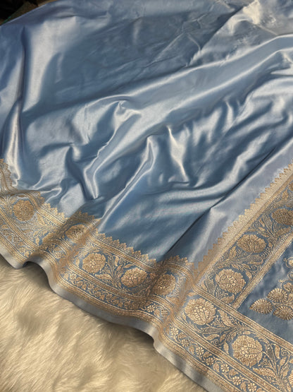 Powder Blue Shades Plain Mashru Silk Saree