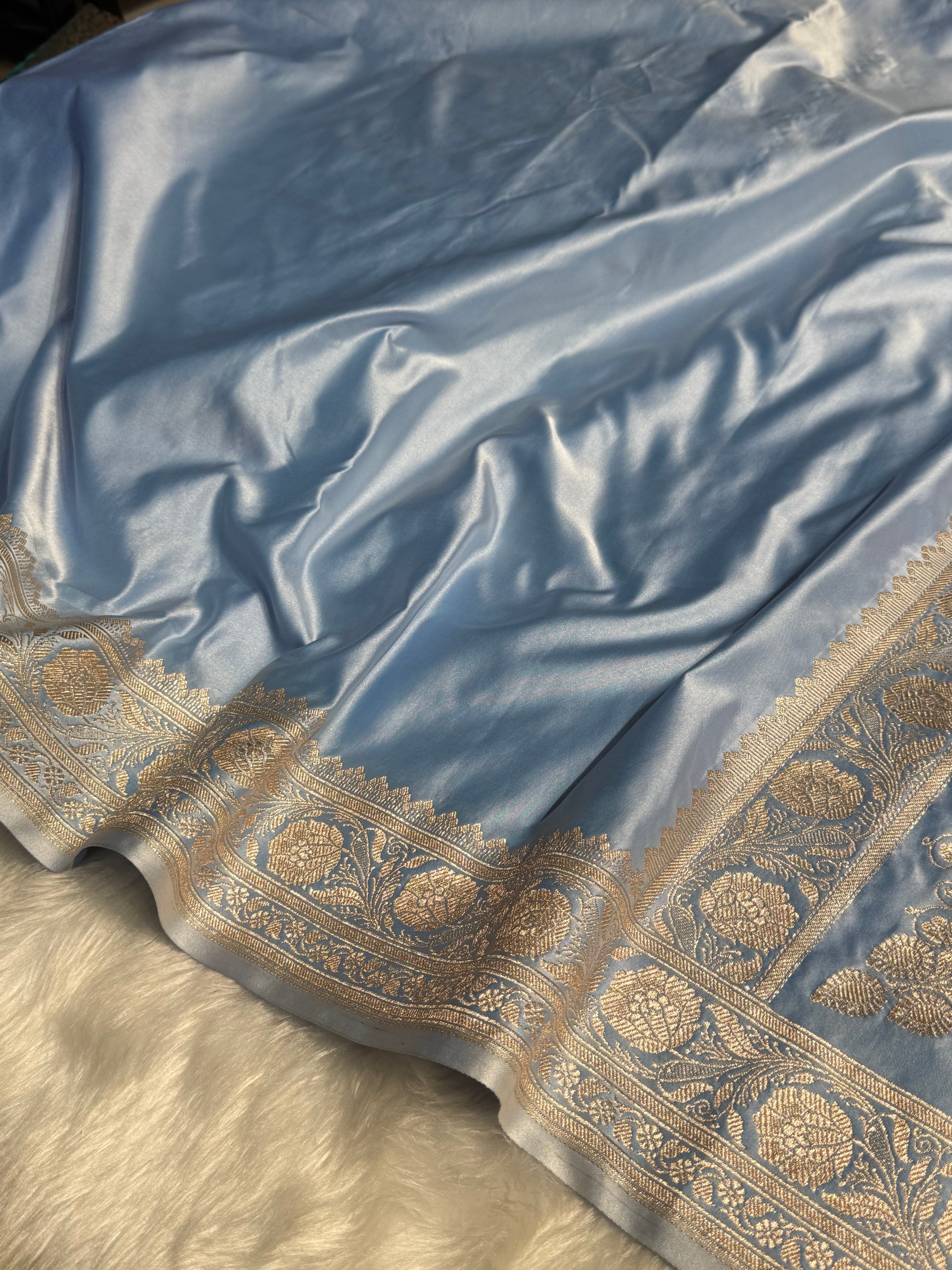 Powder Blue Shades Plain Mashru Silk Saree