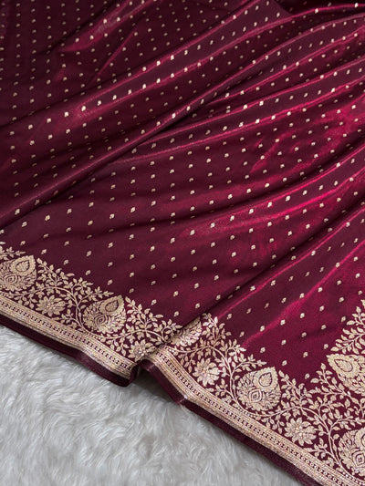 Satin Silk Saree Floral Boota in Garnet Shades SS28
