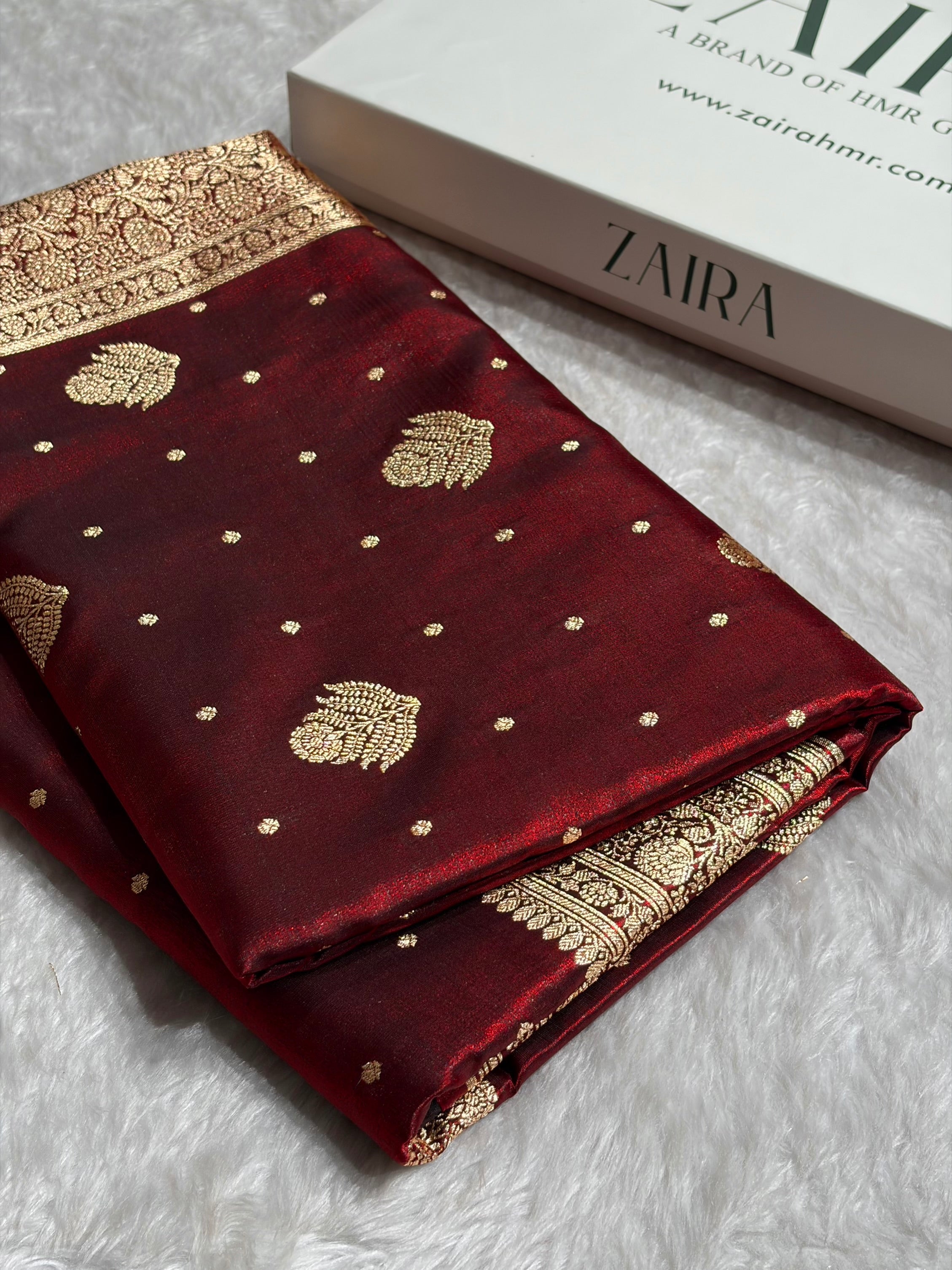 Banarasi Maroon Shades Booti Pattern Banarasi Satin Silk Saree SS59