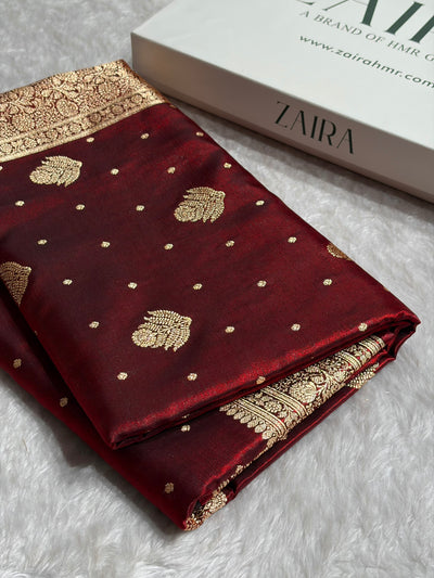 Banarasi Maroon Shades Booti Pattern Banarasi Satin Silk Saree SS59