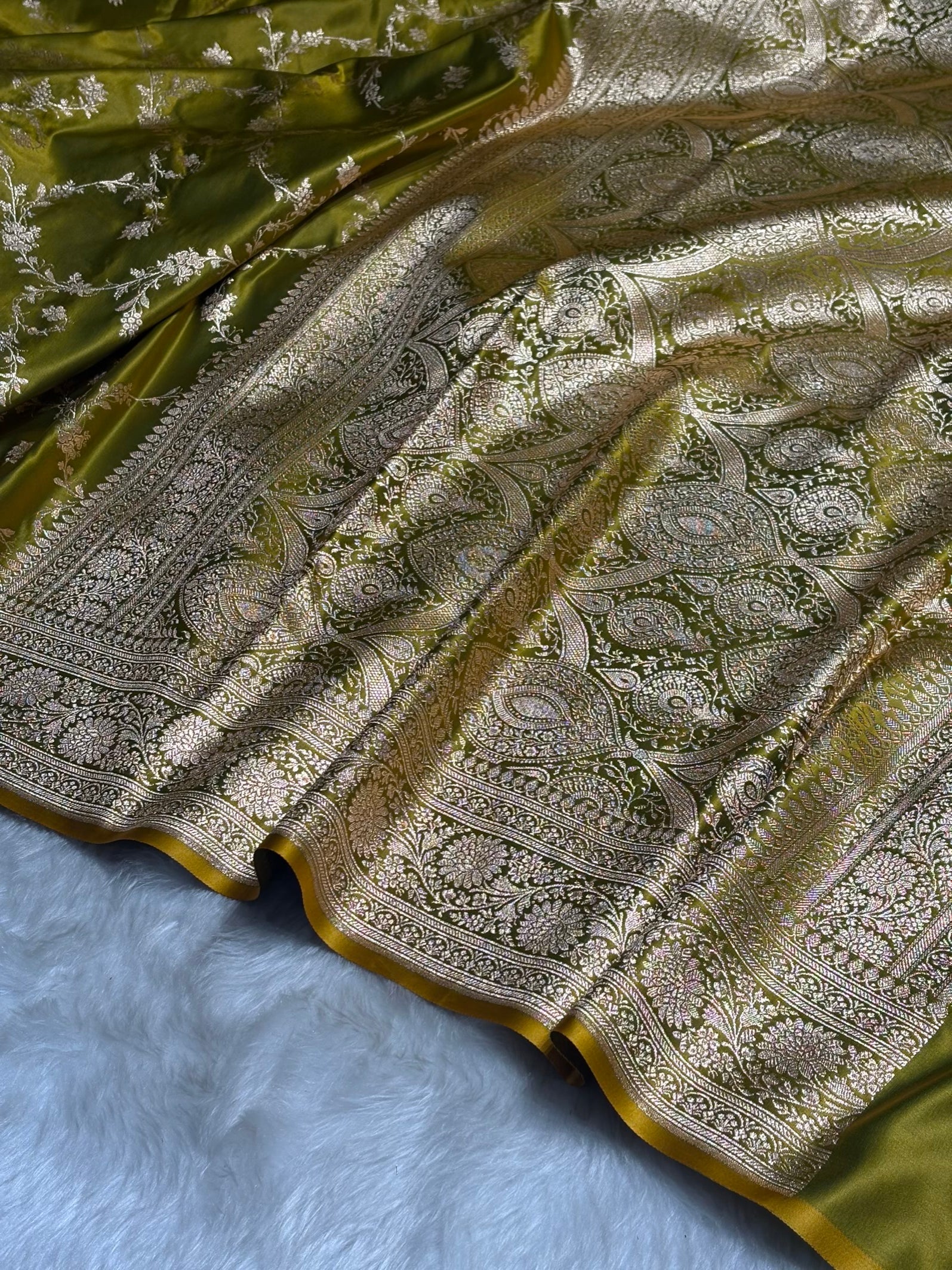 Liril Green Floral Jaal Pattern Satin Katan Silk saree SK60