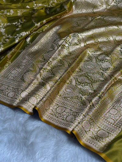 Liril Green Floral Jaal Pattern Satin Katan Silk saree SKM40