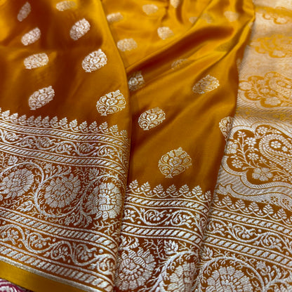 Boota Katan Silk Saree In Mustard Gold Shades