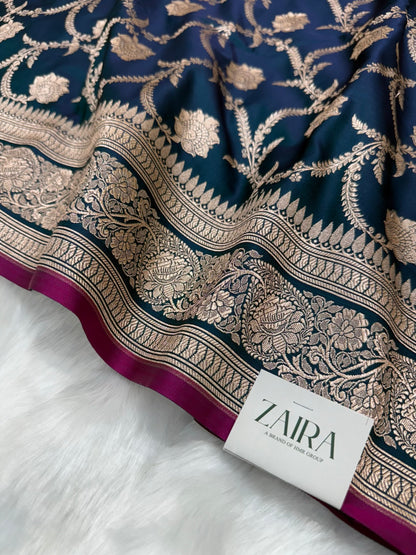 German Blue Jaal Pattern Mashru Silk Saree