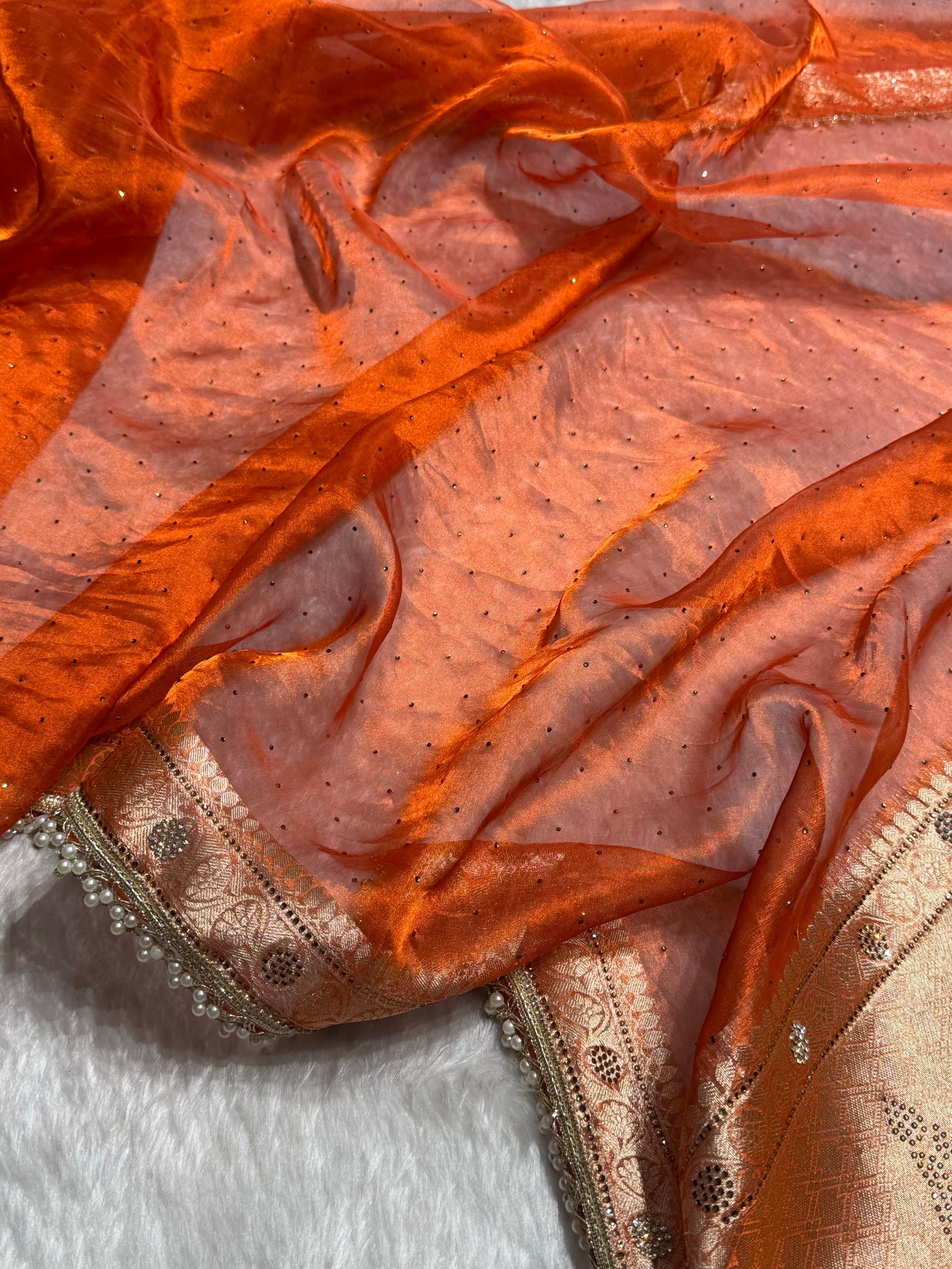 Orange Shades Pure Tissue Silk With Banarasi Swarovski Work Saree with Brocade Blouse BPGPT-09