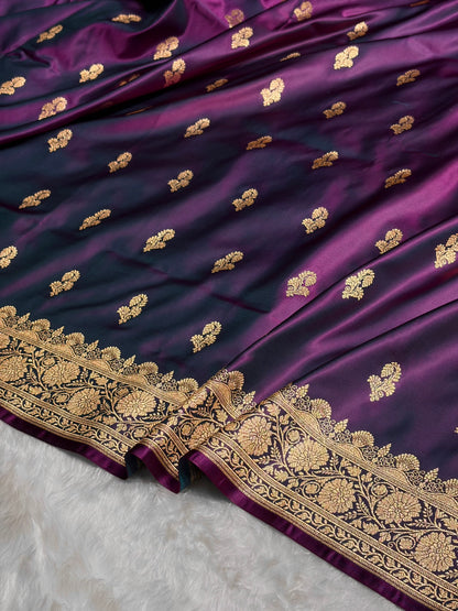 Wine Shades Floral Booti Motif Satin Katan Silk saree SK61