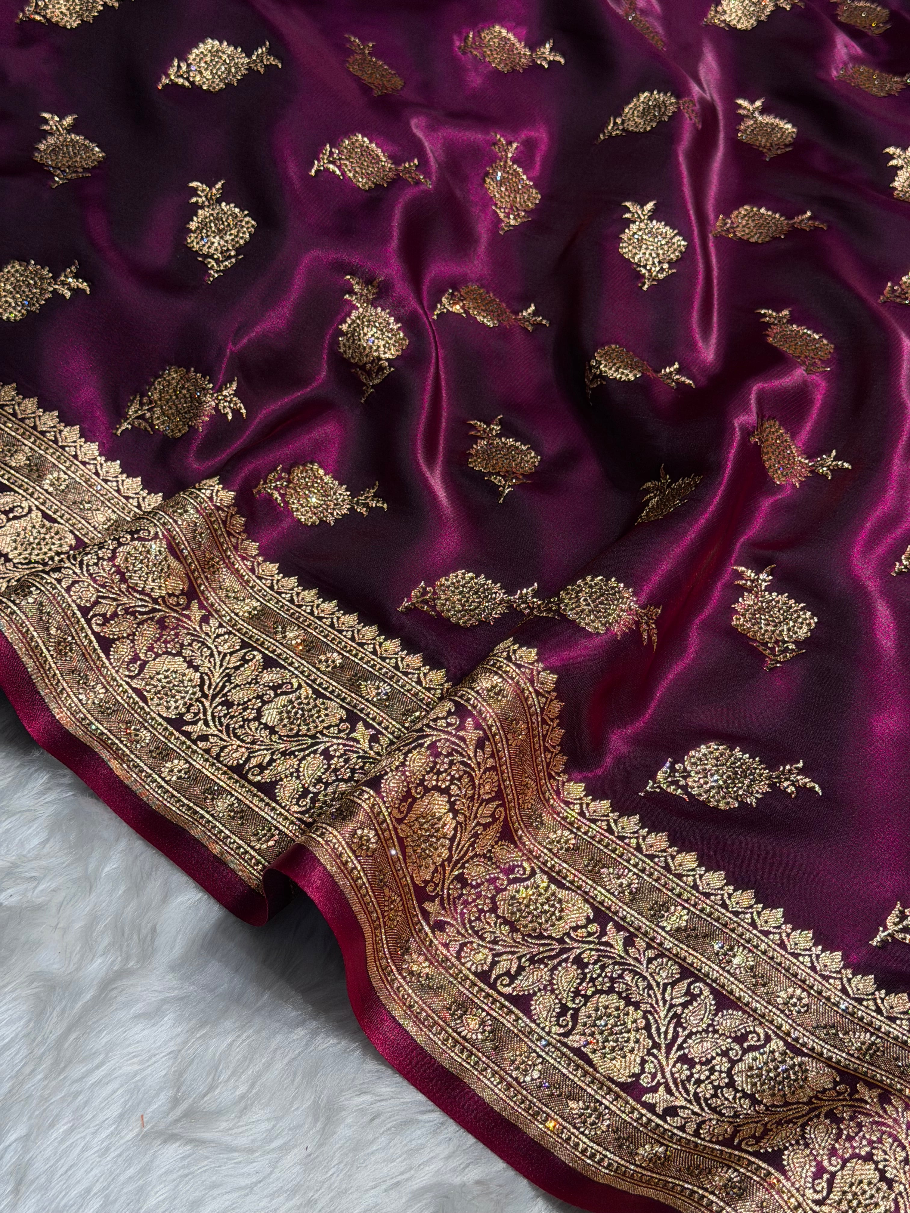 Satin Silk Saree Swarovski Work Floral Boota in Wine Shades BSS26