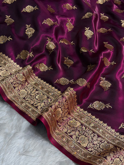 Satin Silk Saree Swarovski Work Floral Boota in Wine Shades BSS26