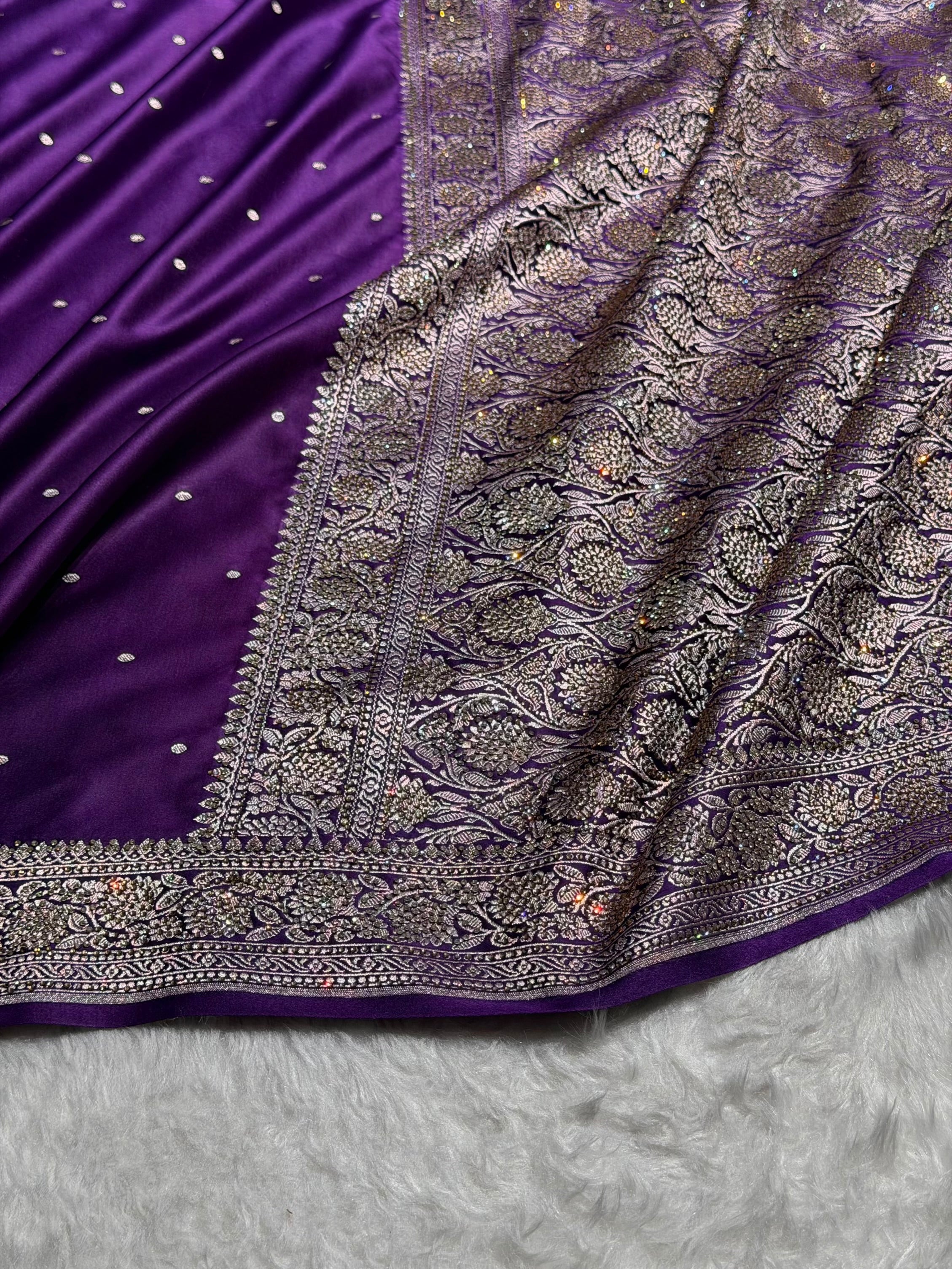 Banarasi Purple Shades Booti With Swarovski Stone Work Mashru Silk Saree BMCS65
