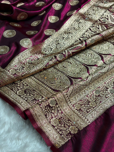 Wine Shades Banarasi With Swarovski Stone Work Satin Silk Saree BSS33