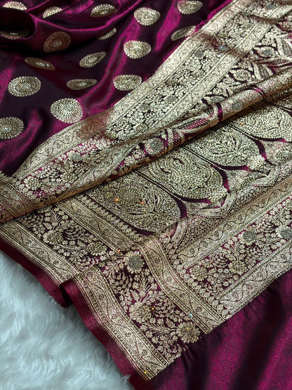 Wine Shades Banarasi With Swarovski Stone Work Satin Silk Saree BSS33
