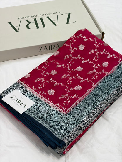 Red / German Blue Contrast Shade With Booti Pattern Mashru Silk Saree