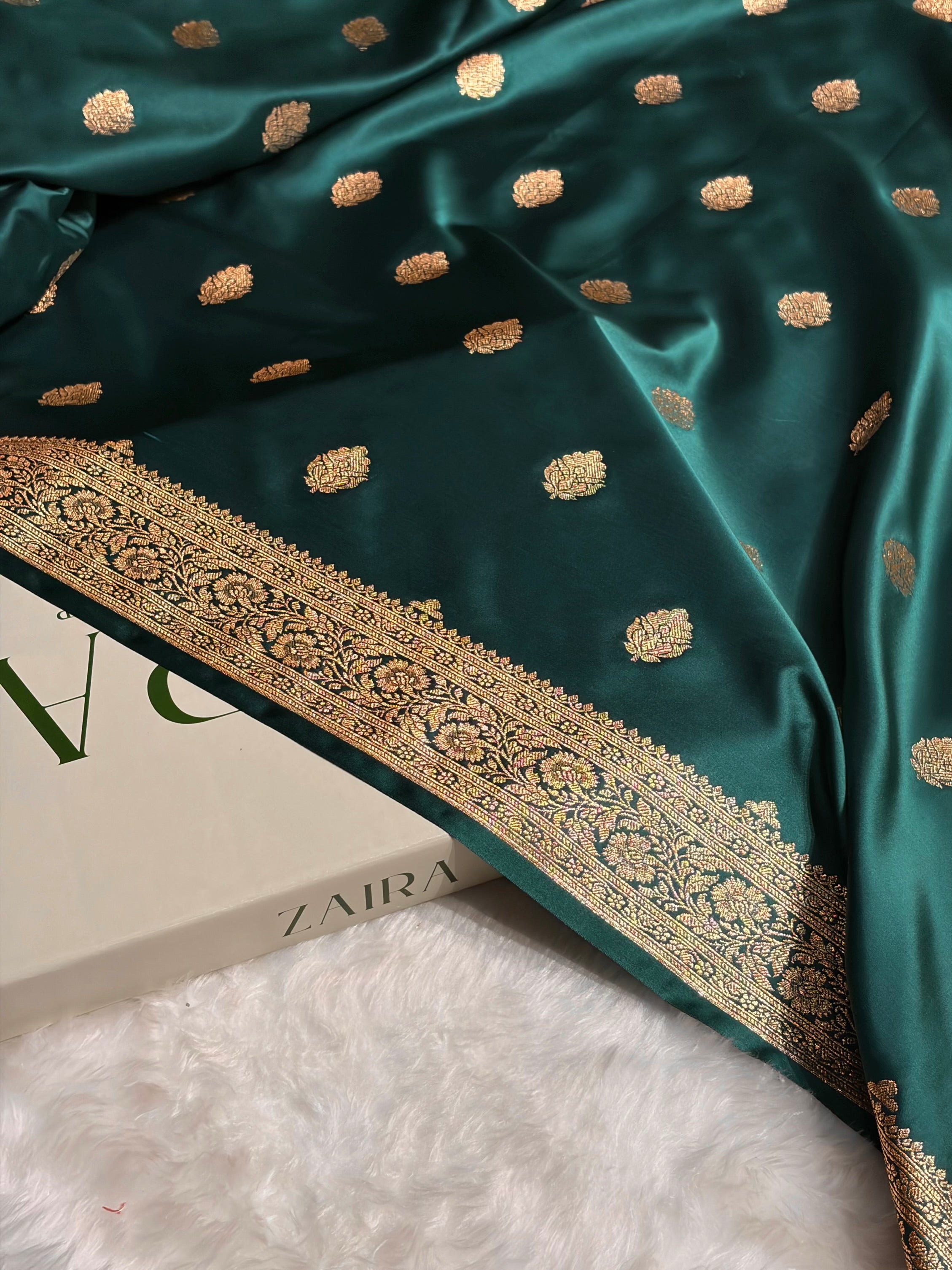 Dark Rama Booti Pattern Satin Katan Silk Saree SK65