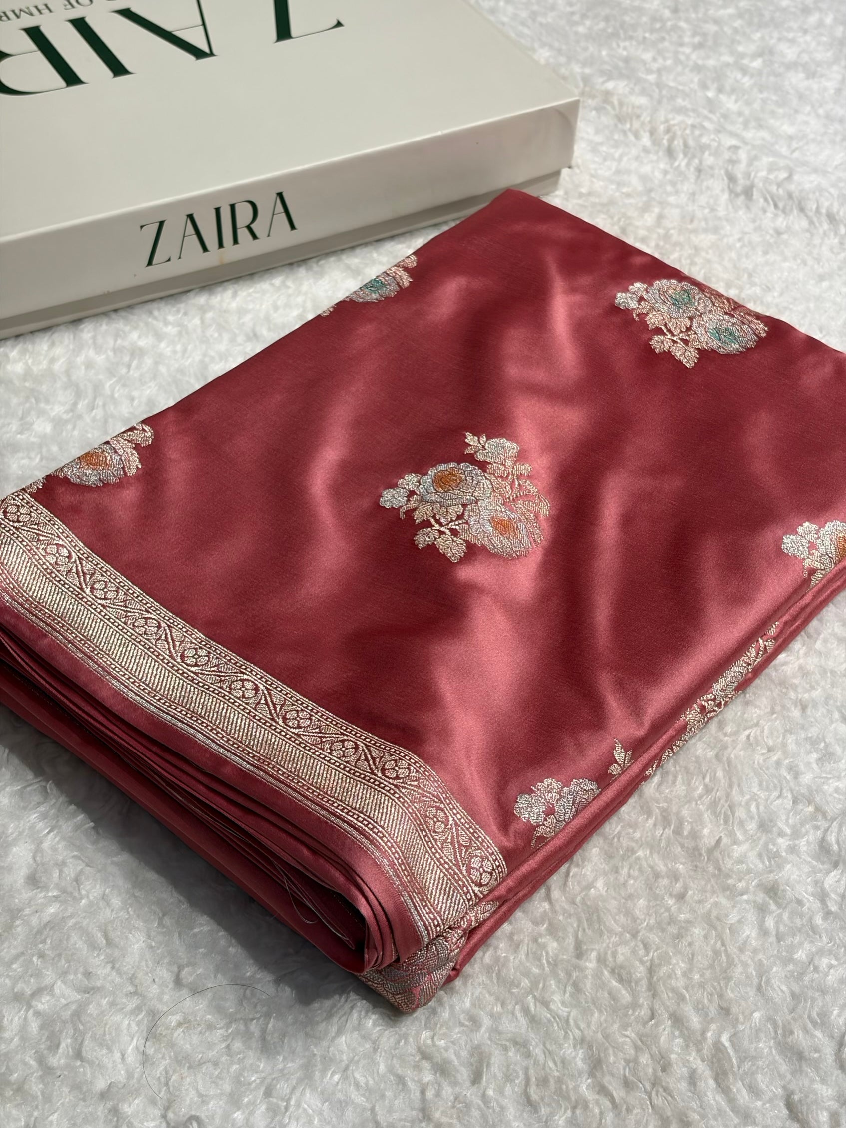 Peach Shades Sona Rupa Floral Minakari Motif Mashru Silk Saree MCS50