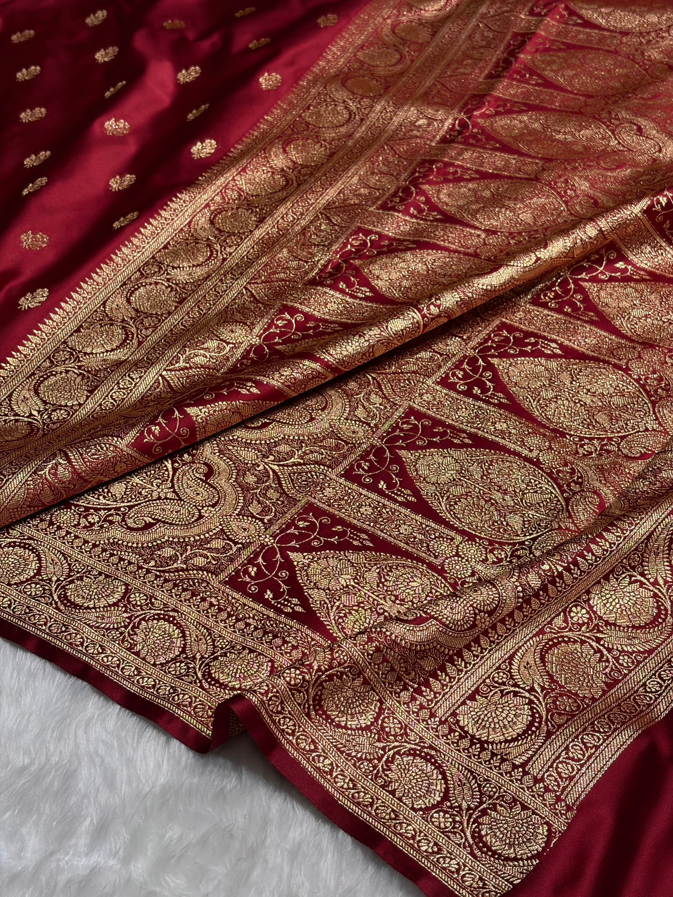Maroon Floral Boota Pattern Satin Katan Silk Saree SK71
