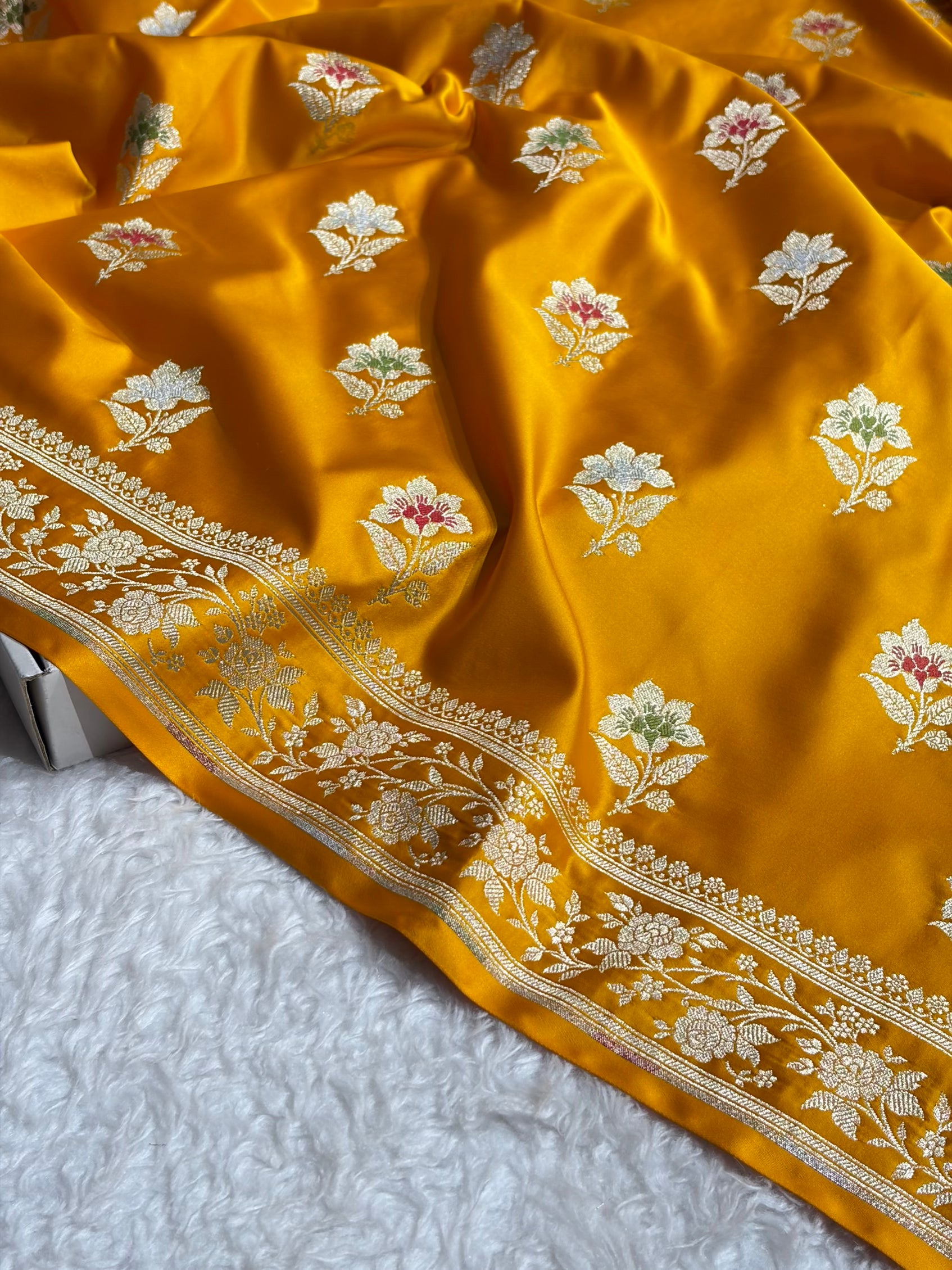 Premium Banarasi Satin Katan Saree With Minakari Boota in Mustard Shades SK112