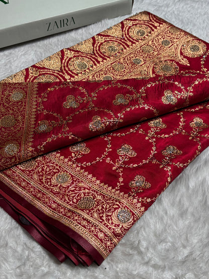 Satin Silk Saree Banarasi Swarovski Work Jaal in Maroon Shades BSS23 (R)