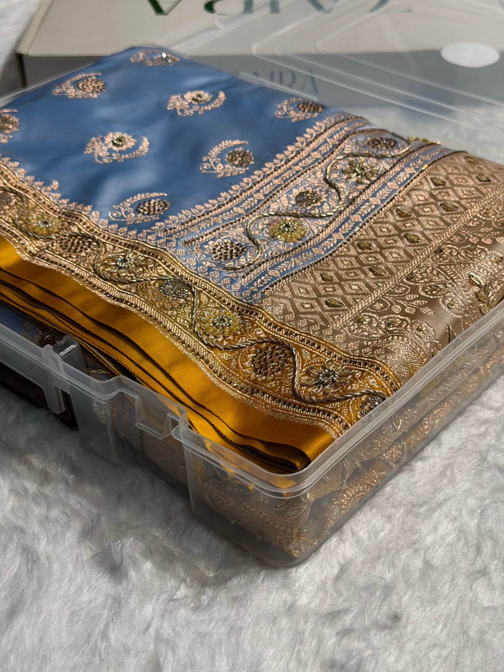 Sky Blue with Mustard Floral Boota With Swarovski & Zardozi Work Satin Katan Silk saree BSK27