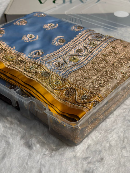 Sky Blue with Mustard Floral Boota With Swarovski & Zardozi Work Satin Katan Silk saree BSK27