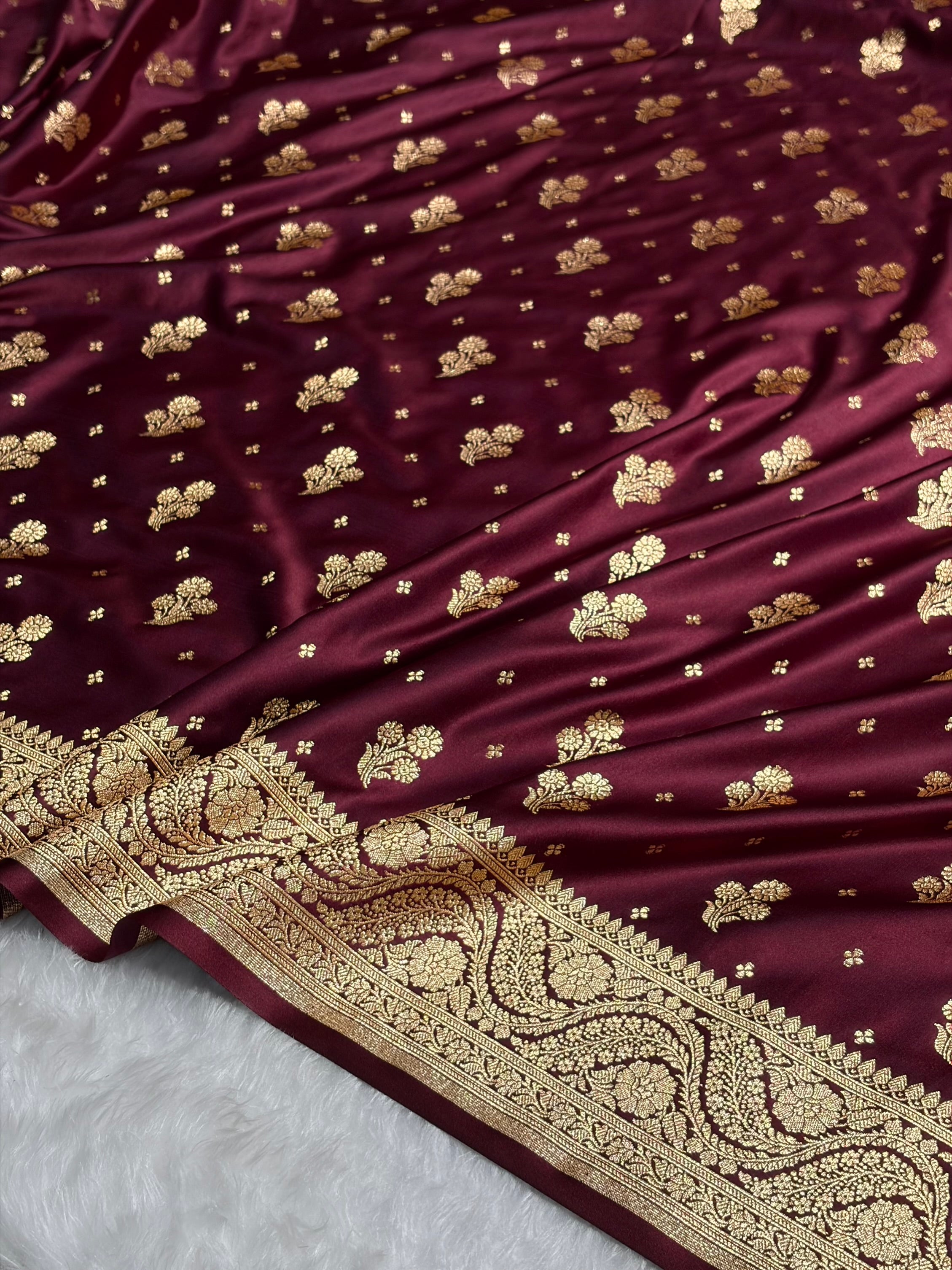Garnet Floral Unique Boota Pattern Satin Katan Silk Saree SK73
