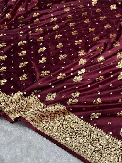Garnet Floral Unique Boota Pattern Satin Katan Silk Saree SK73